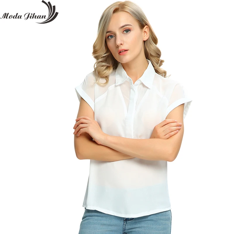 Moda Jihan Women's Chiffon Short Sleeve Button Down Casual Shirt Blouse ...