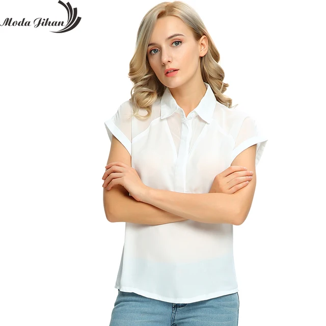 Moda Jihan Women's Chiffon Short Sleeve Button Down Casual