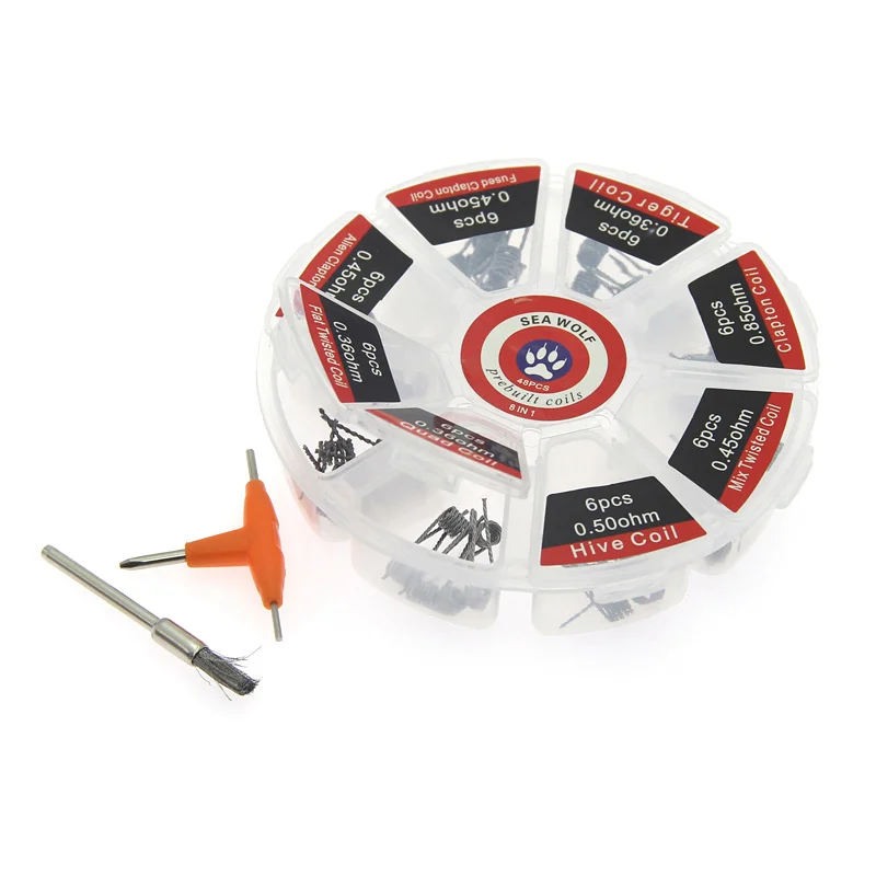 

48pcs Coils with Cleaning Brush T-type Screwdriver Vape Heating Wire Coil for Electric Cigarette RDA Tank Atomizer Alien Clapton
