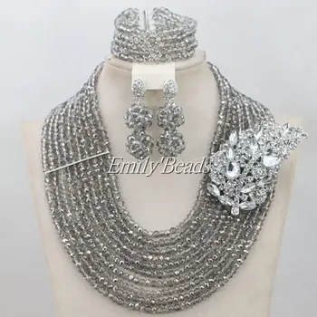 

2016 New Handmade Grey Gray Crystal Women Necklaces 10 Layers Costume Jewellry Nigerian Wedding African Beads Jewelry Set AIJ375