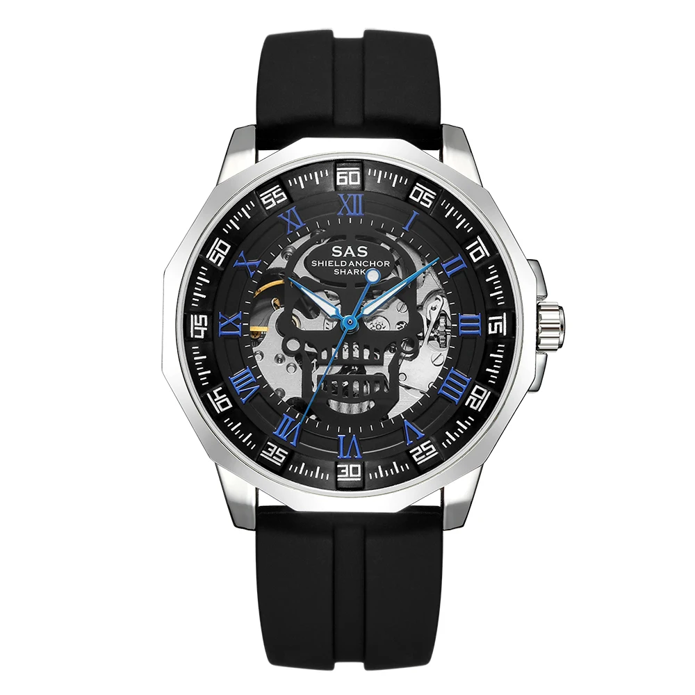 

SAS Shield Anchor Shark Sport Watch Mens Skull Big Dial Hollow Automatic Mechanical Watches Self-Wind Silicone Strap Bracelets