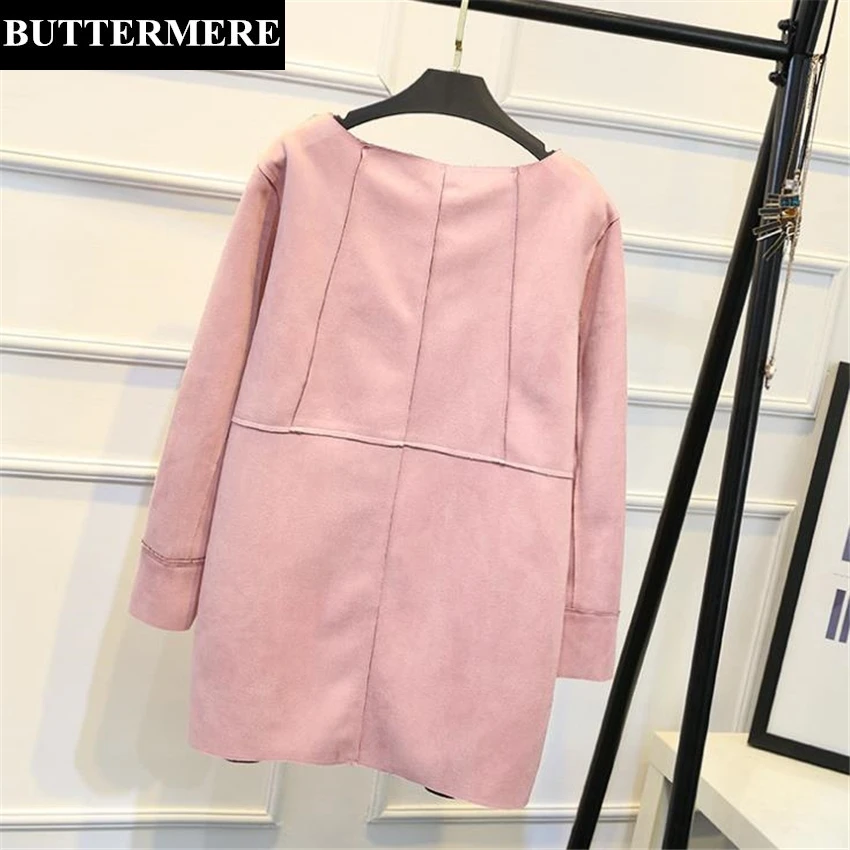 BUTTERMERE Brand Long Leather Jacket Women Pink Suede Jacket Solid Autumn Long Sleeve Plus Size Loose Casual Ladies Coat