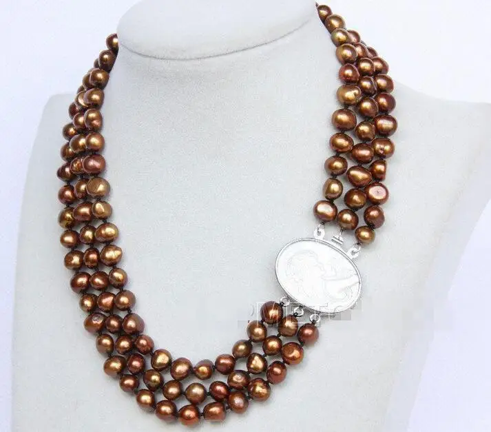 

Free Shipping >> 16"-18" 3row 9mm coffee pearls necklace seashell clasp E2750