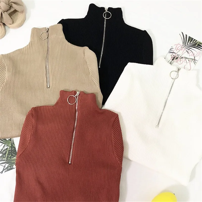 

2019Casual Zipper Sweater Women Turtleneck Solid Spring Autumn Female Knitted Sweater Pullovers long Sleeve Chic Soft Jumper Top