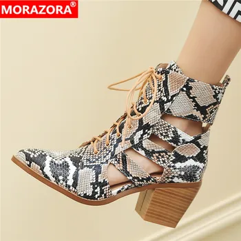 

MORAZORA 2019 New fashion summer boots cut outs square high heels lace up ankle boots quality ladies gladiator botas size 34-44