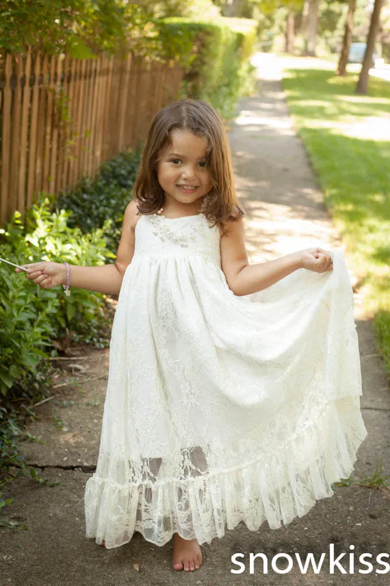 

Halter long white/ivory hollow back lace flower girl dresses elegant A-line appliques communion wedding birthday parties gowns