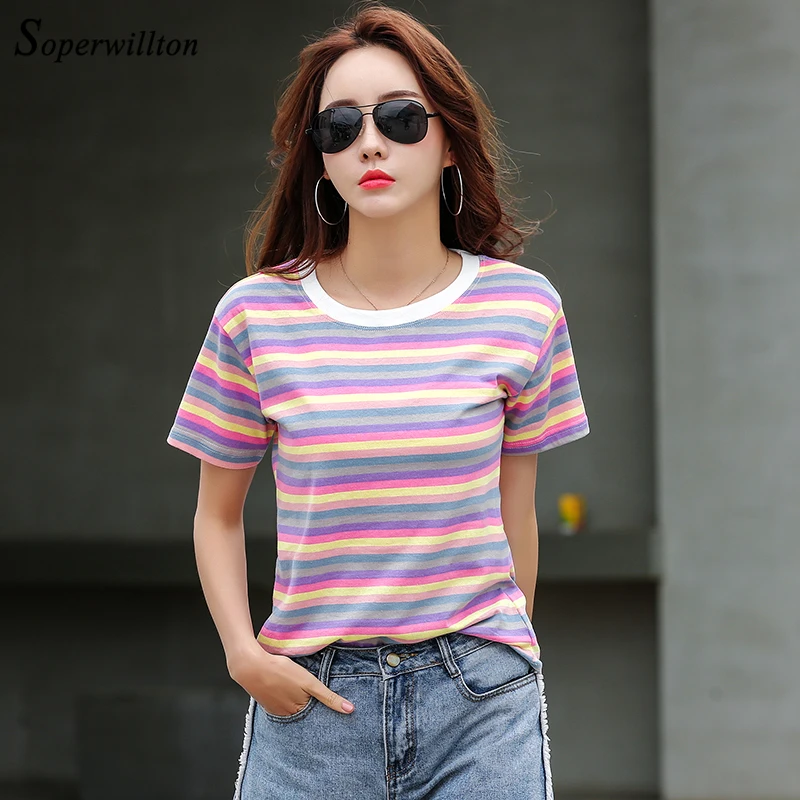 

2019 Fashion Rainbow Striped Female T-shirt Summer Cotton Women Tshirts Casual Harajuku T Shirt Femme kawaii Tops Short Sleeve