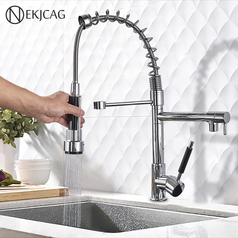 Chrome Finished Single Handle Double Spout Kitchen Faucet Deck Mounted Kitchen Vessel Sink Mixer Tap Pull Out Sprayer Faucets - AliExpress Home Improvement
