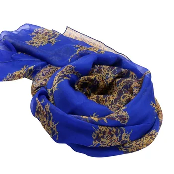 

Royal Blue Prints 100% Silk Chiffon Long Scarf Wraps Beach Cover-ups Shawl Summer Lightweight Sunscreen Scarves