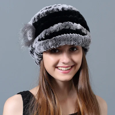 Зимние шапки, шапочки, настоящий мех кролика, цветы, в полоску, вязаная шапка из кроличьего меха, шапки, повседневные, натуральный мех, женская шапка для русской зимы - Цвет: Gray Black