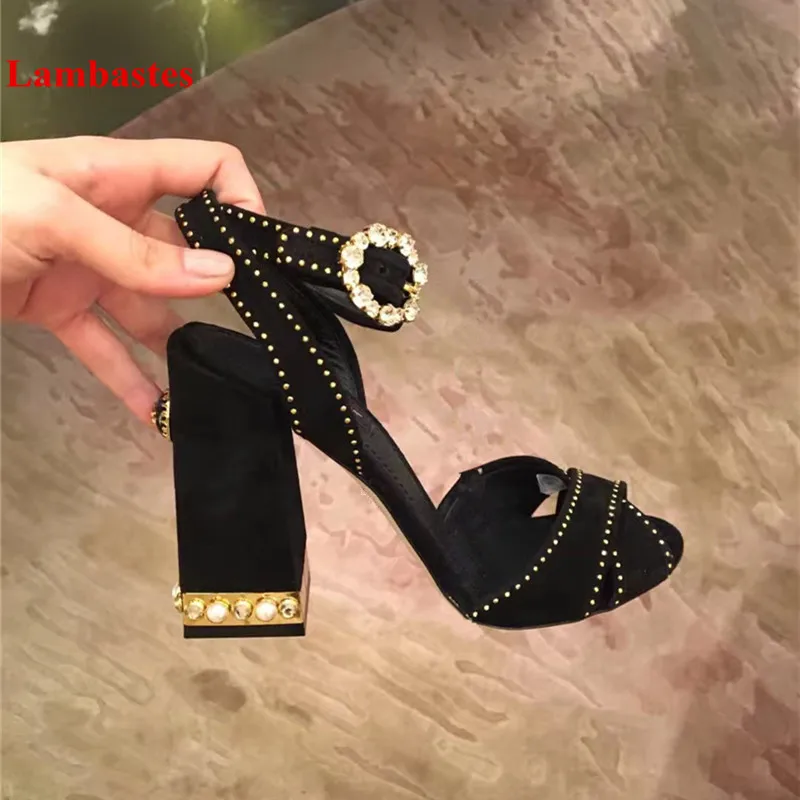 

2018 Summer Black Peep Toe Women Sandals Crystal Pearl Buckle Strap Designer High Heel Women Sandals Sexy Walkway Shoes Women