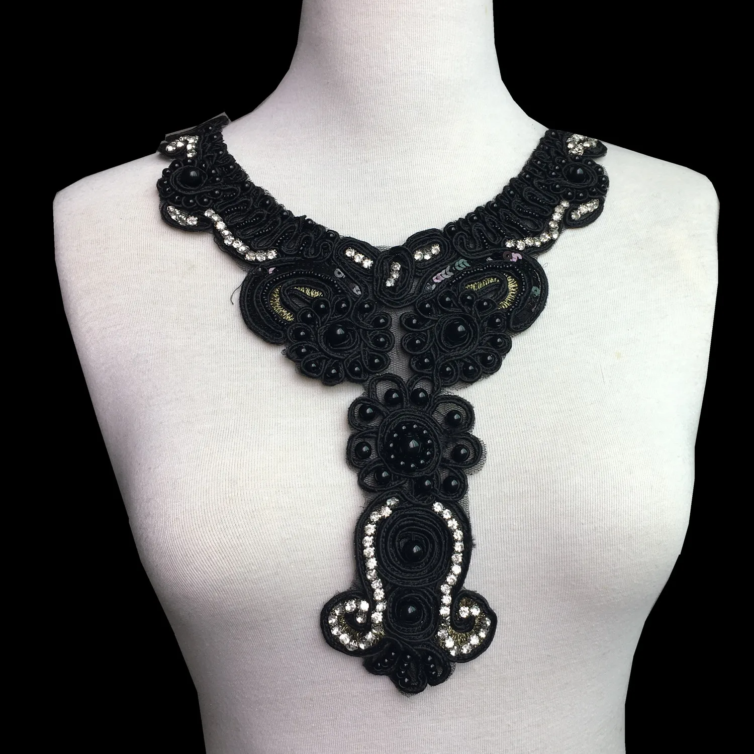 2pc 25x34cm Beaded Neckline Collar Applique Black Pearl Rhinestone Lace