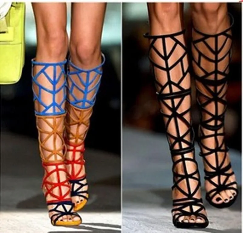 

2017 Women Boots Colorful lace Strappy Knee High Boots Thin Heel Gladiator Boots Sandals Summer Boots Female High Heel Gladiator