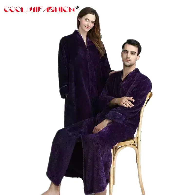 

Couples Long Flannel Robe Women Gown Men Oversize Loose Home Clothing Winter Bathing Robe Thicker Warm With Zipper Robe Vintage