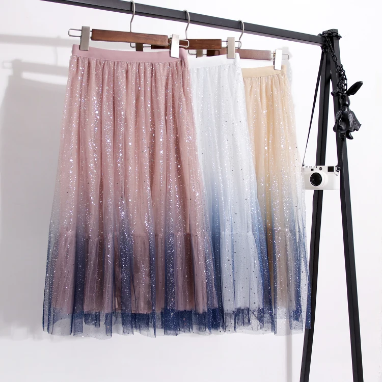 

Bumpercrop Midi Knitted Skirt Women High Waist Lady Universe Vintage Office Lady Lace Skirt Net Glitter Chic Skirt Gradient