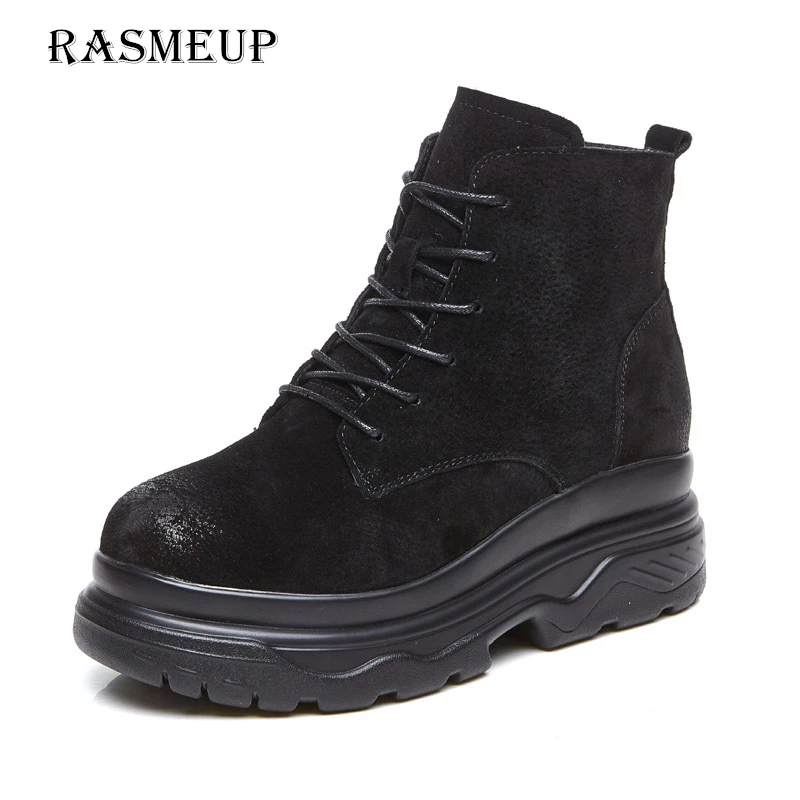 RASMEUP/женские ботильоны из натуральной кожи на платформе; зимние женские зимние ботинки; брендовая теплая плюшевая женская обувь на толстой подошве; Цвет Черный