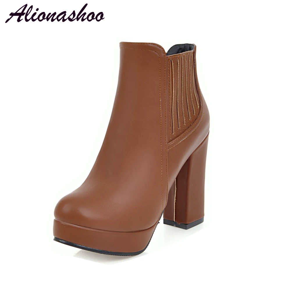 

Alionashoo Plus Size 48 Thick High Heels booties Woman 2018 Platform Female Ankle Boot Zip Women Shoe Female Winter Footwear