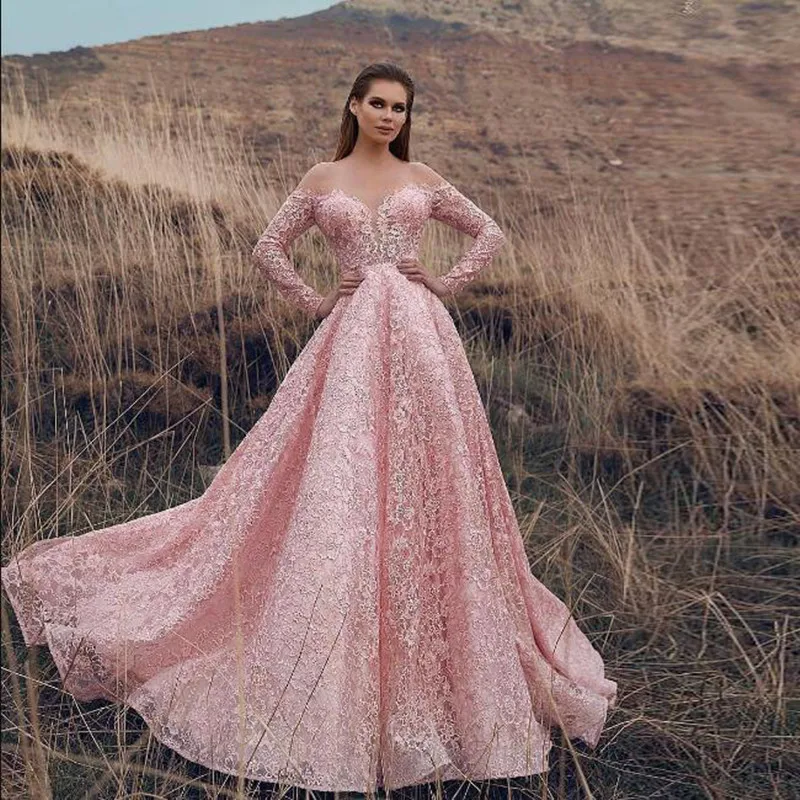 Zoete Roze Avond Party Jurken 2019 Elegante A-lijn Off Shoulder Lange Mouwen Kant Applicaties Dubai Stijl Lange Prom Jassen Custom Zoete Roze Avond Party Jurken 2019 Elegante A-lijn Off Shoulder Lange Mouwen Kant Applicaties Dubai Stijl Lange Prom Jassen Custom