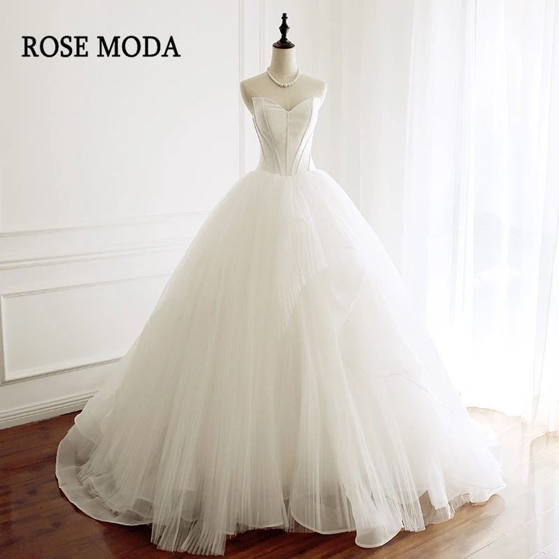 

Rose Moda V Neck Princess Tulle Wedding Ball Gown 2019 Corset Puffy Wedding Dress with Train Real Photos
