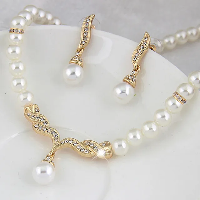 Creative Gold Color Necklace + 1 Pair Earrings Wedding Bridal Pearl Jewelry Set For Women Lady Female 1