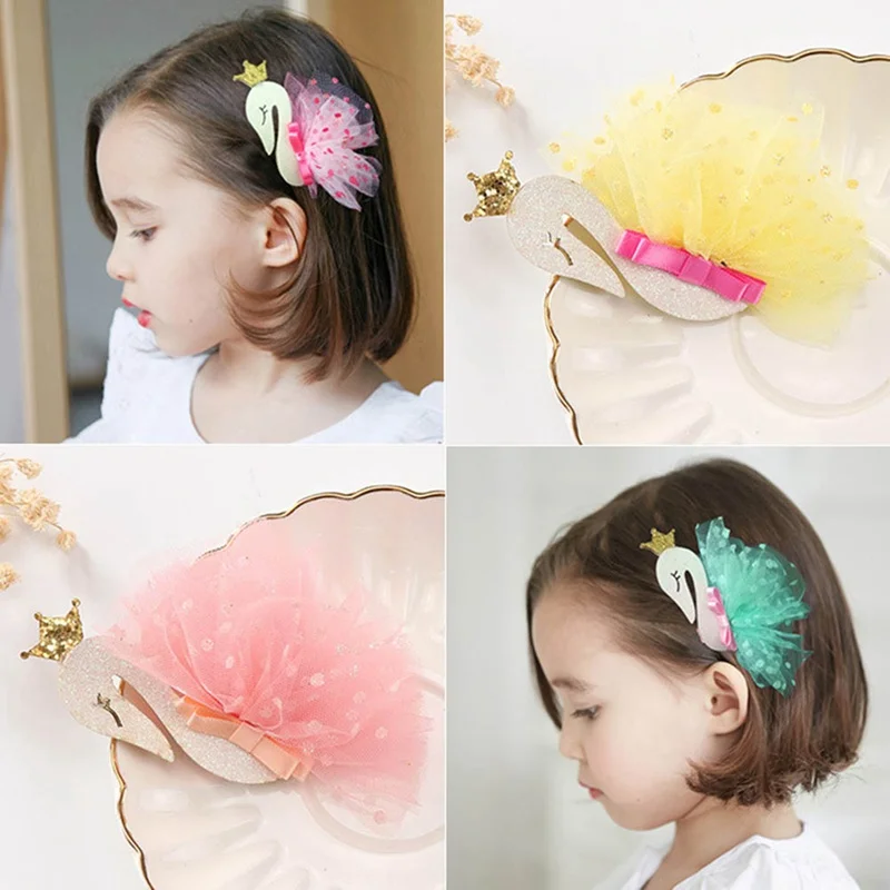 Детский головной убор, Корейская принцесса, девочки, сетка, кружева, заколки-лебеди для волос, 6 цветов, детские красивые заколки-короны с блестками, подарок на день рождения