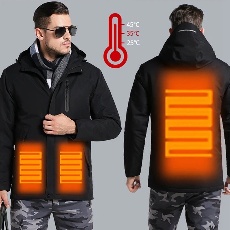Men Women Heated Jacket Soft Shell with Hood and Battery Waterproof Wind Resistant Winter Jacket