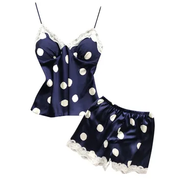 

Women Summer Faux Silk Sexy Pajamas Set Vintage Polka Dot Printed Deep V-Neck Camisole Tank Top Loose Floral Lace Patchwork Shor