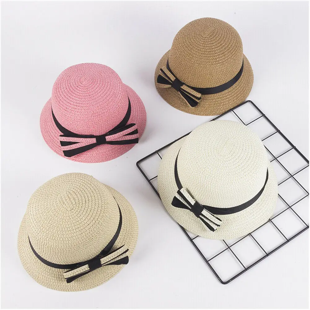 Cute Child Girls Straw hat Bowknot Sun Hat Kids Large Brim Beach Summer Boater Ribbon Round Flat Top fedora | Аксессуары для