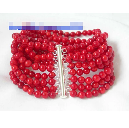 

Fast shippingn1409 8'' Elegant! 8strands red coral bracelet bangle silver clasp