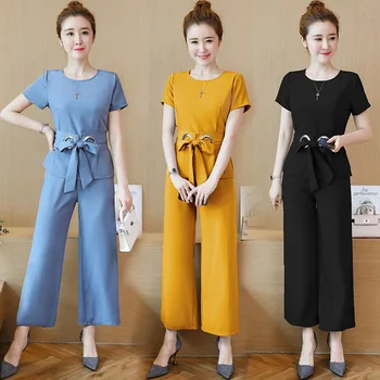 

Large Size 2 Piece Set Women Fashion Temperament Ensemble Femme Survetement Pure Color With Belt Summer Costumes For Women