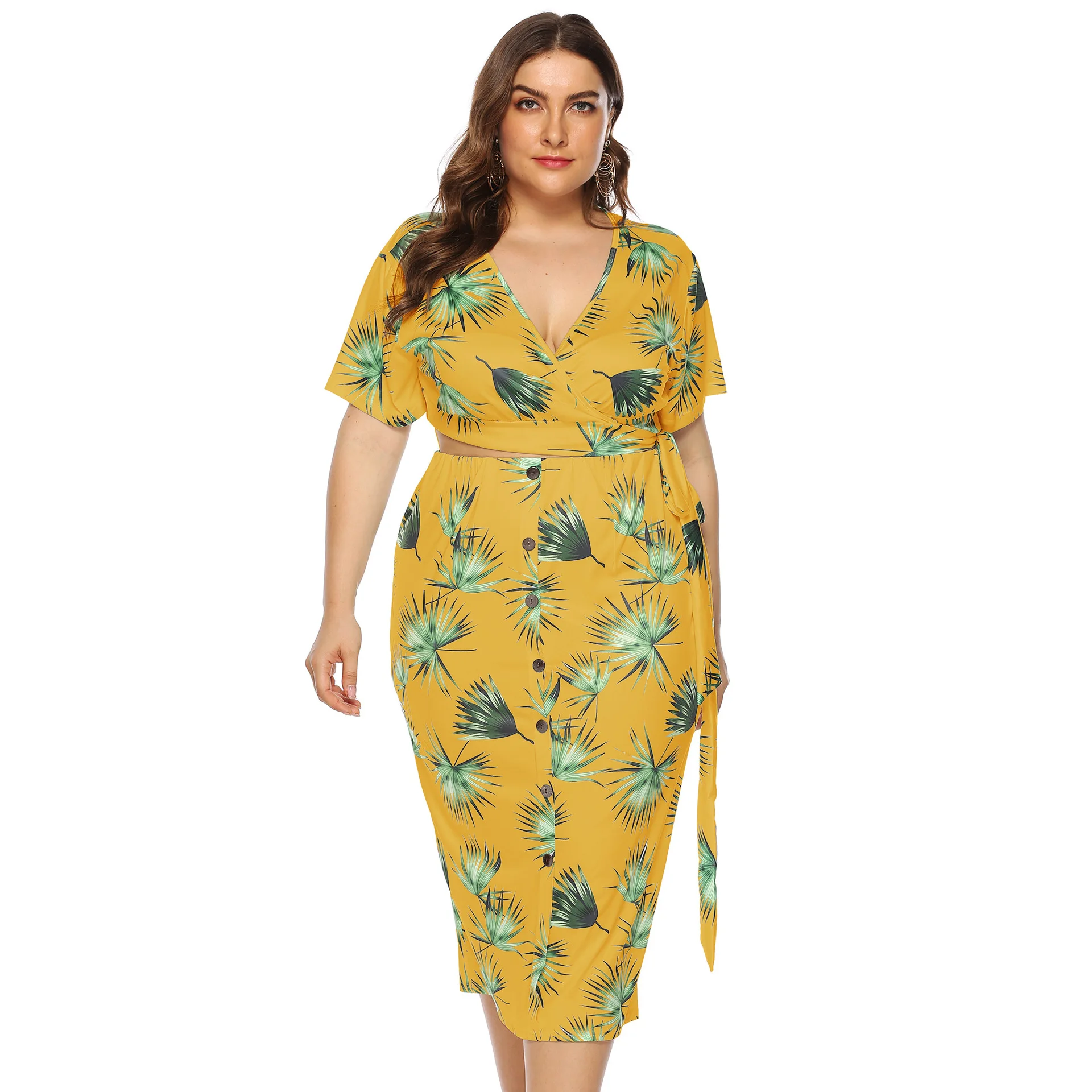 

Plus Size Two Pieces Dress Women Summer V Neck Short Sleeve Leaves Print Boho Dress High Waist Buttons Bodycon Pencil Dresses