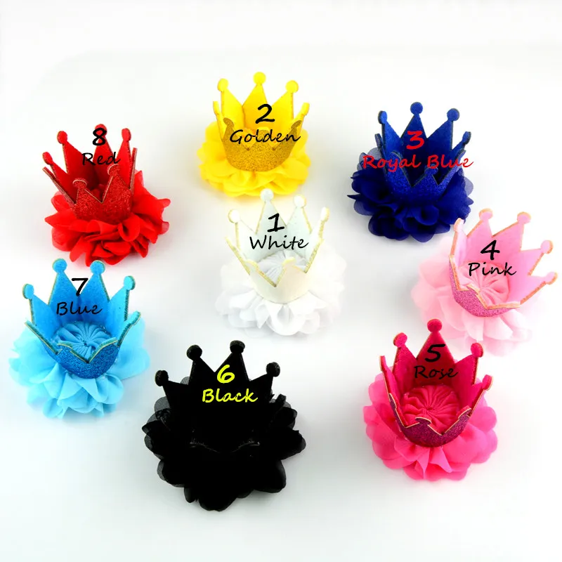 

30pcs/lot Princess Glitter Felt Crown with Two Layers Chiffon Flower Flatback Handmade Headwear for First Birthday Hat GC02