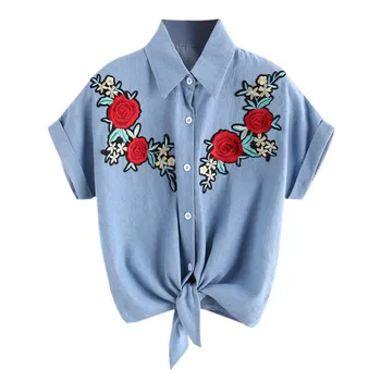 

Retro Rose Embroidered Tops Denim Lapel Blouse Vintage Short Sleeve Blouse