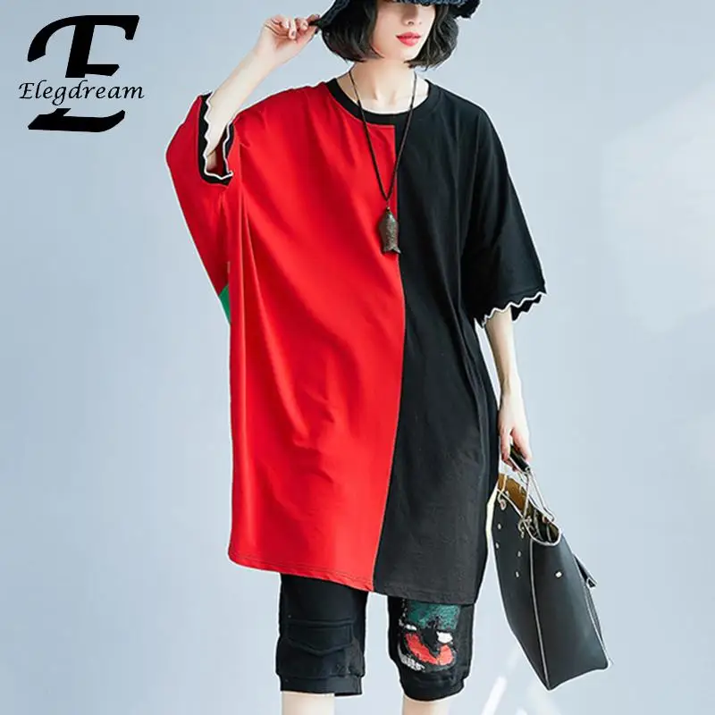 

Elegdream Brand Oversized Clothing Plus Size Women Color Block T-Shirt Lady Batwing Sleeve Top Tee Shirt Casual Loose Tunic 2018