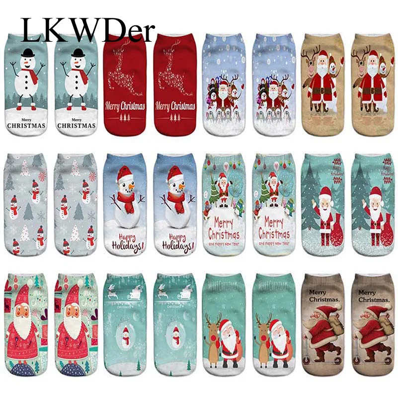6 пар, женские рождественские носки с 3D рисунком, унисекс, мужские Носки с рисунком лося, снеговика, Санты, Calcetines Mujer, короткие рождественские носки с принтом