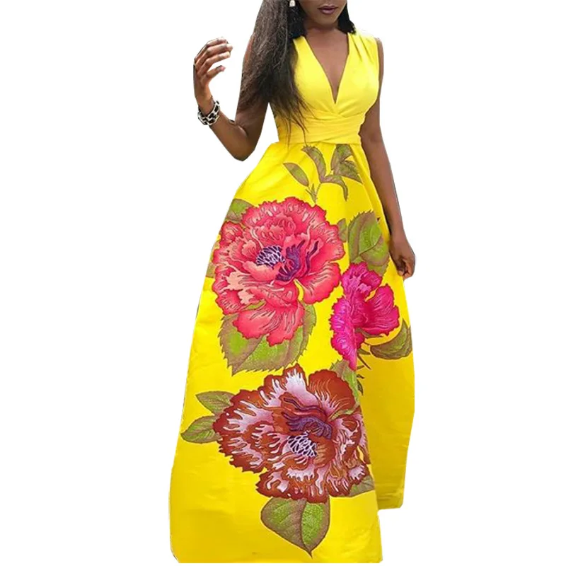 

Flower Print Deep V Neck Maxi Dress Casual Sleeveless Party Summer Long Dress Vestidos Women White Sexy Dress