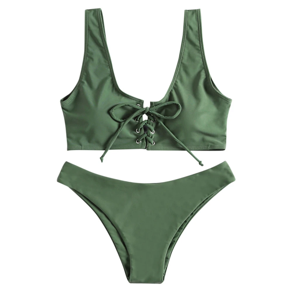 

2019 New Scoop Neck Backless Padded Bathing Suit Solid Color Lacing-up Low Waist Two-piece Swimsuit Women Bikini Set