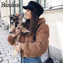 Bazaleas модная женская куртка винтажная овечья шерсть короткая куртка harajuku пальто на молнии отложной воротник укороченные куртки женские повседневные