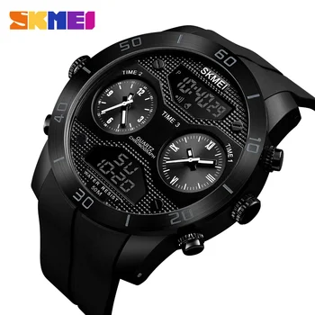 

SKMEI Dual Display Watch Men Sport Stainless Steel Strap Wristwatches 5Bar Waterproof Luminous 3 Time Men's Clock reloj hombre