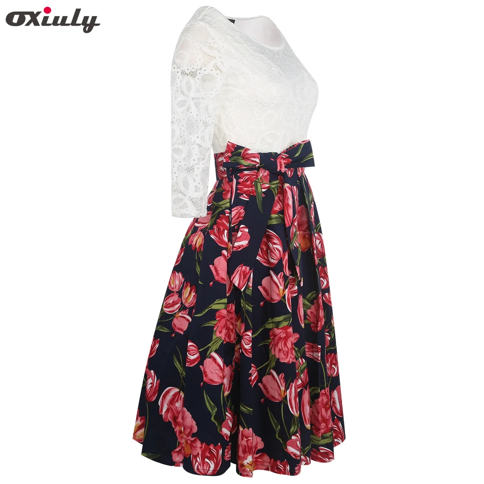 Oxiuly Цветочный принт кружевное элегантное платье пэчворк Vestidos 3/4 для девочек