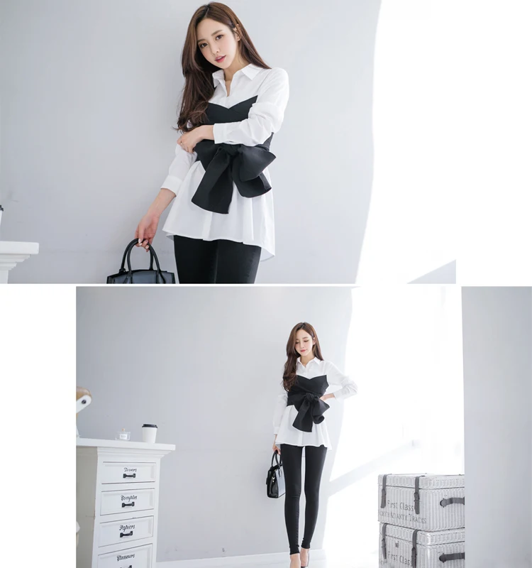VGH, Корейская Весенняя Ложная Рубашка для женщин, с отворотом, с длинным рукавом, темперамент, бант, пэтчворк, опт