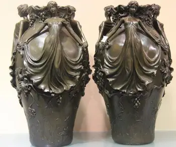 

Western Art Pure Bronze Copper & Marble Grape Dragonfly Woman Girl Pot Vase Pair