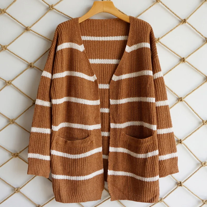 

2018 Autumn Women Long Cardigan Fashion Striped Printed Knitted Sweater Coats Floral Pockets Female Sweater Coat Loose Outwear