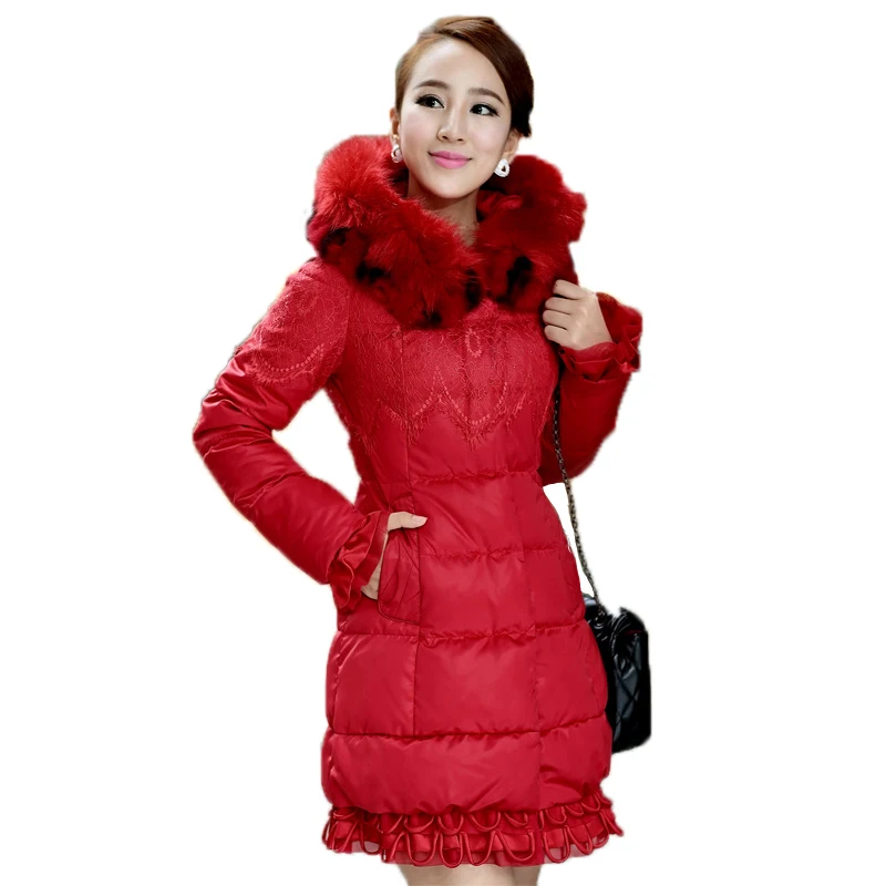 Women down coat,female red color down coat,women lace bottom with fox fur hatin Down Coats from