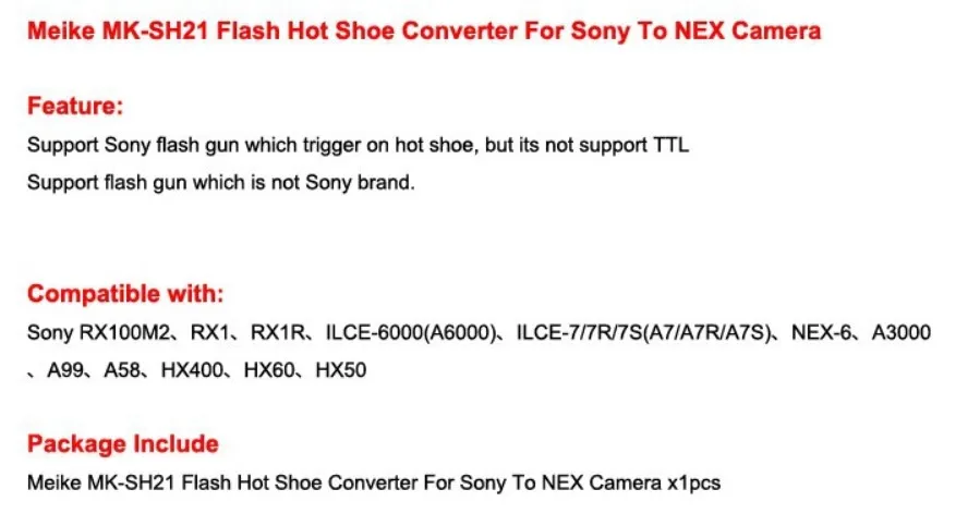 Meike MK-SH21 вспышки типа "горячий башмак" для sony NEX Камера RX100M2 RX1 RX1R RX100M A6000 A7 A3000 A58 NEX-6 как ADP-MAA