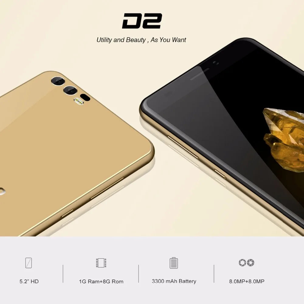 BLUBOO D2 5.2'' 3G Smartphone MTK6580A Quad Core 1.3GHz Android 6.0 1G RAM 8G ROM Dual Rear Camera 3300mAh Mobile Phone WCDMA