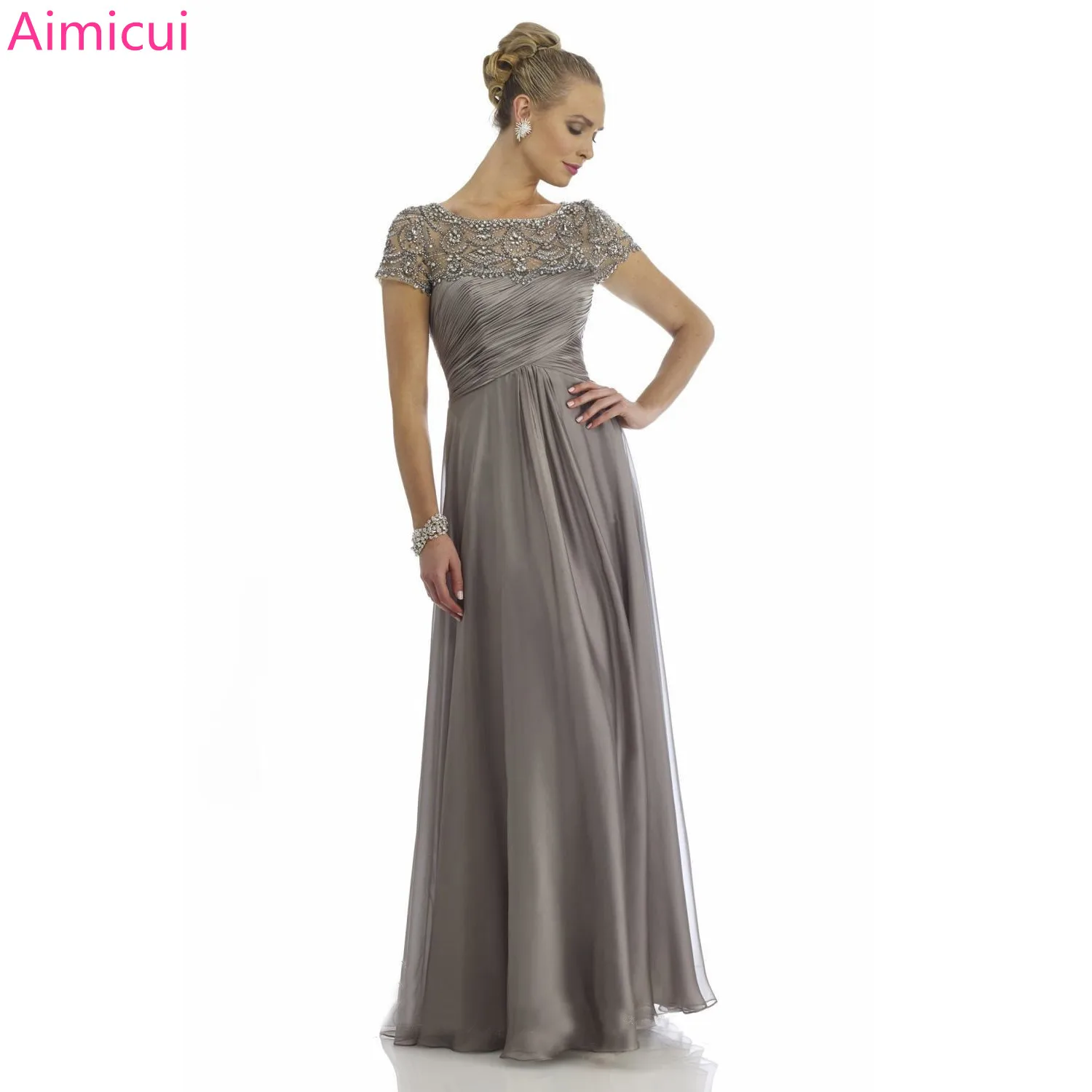 

New Elegant Long Chiffon Scoop A Line Grey Evening Dress 2019 Custom made Formal Beaded Appliques Short Sleeve Party Dress