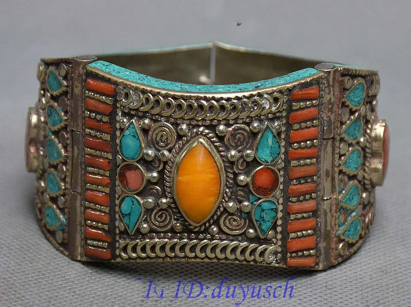 

Crafts statue Collection Tibetan Silver Turquoise Red Coral Beeswax Exquisite Bracelet Bangle