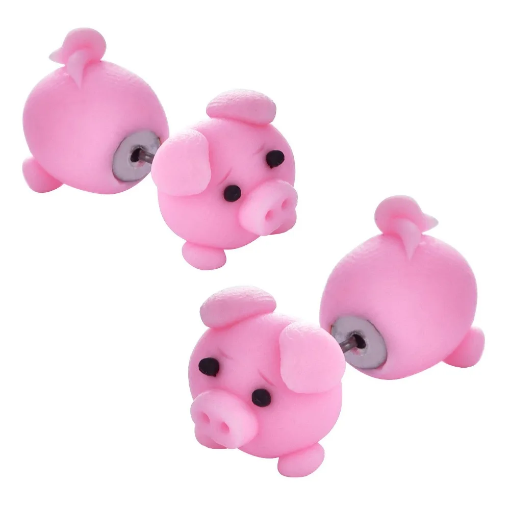 

New 100% Handmade Polymer Clay Cute Pink Pig Earrings for Women Lovely Little Pig Ear Cuff Animal Piercing Stud Earring