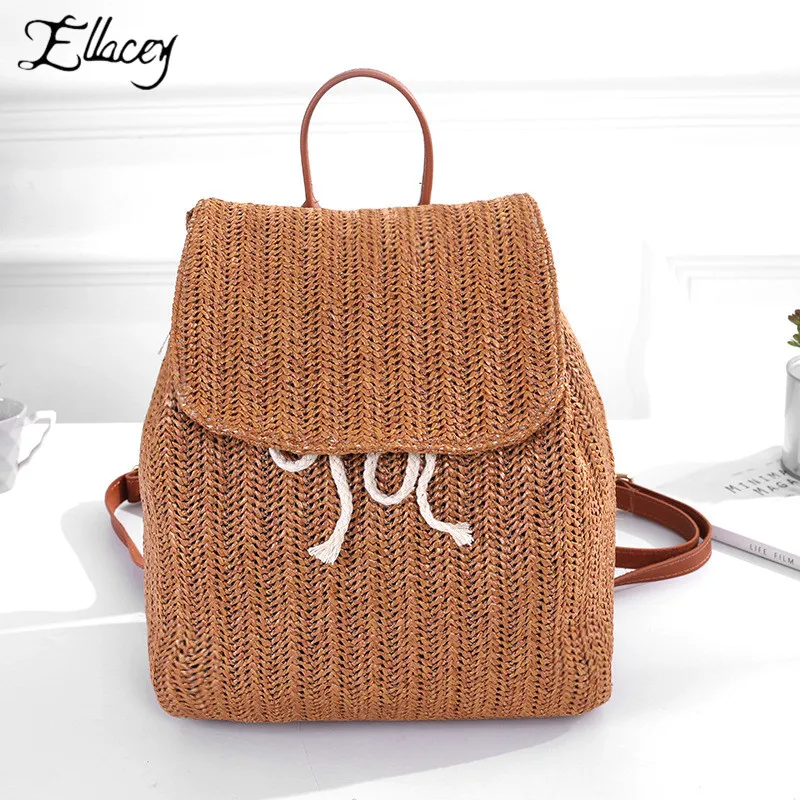 

New Women Summer Beach Straw Backpack Solid Travel Bag Ladies Handmade Knitting Backpack Casual Large Capacity Shopping Bag